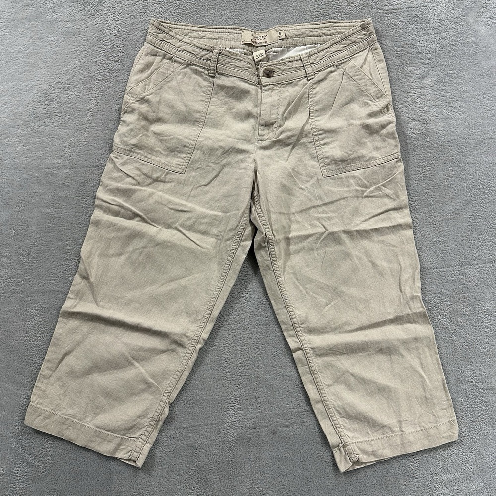 Sonoma Mid Rise Capri Pants Women 8 Beige Linen Blend Baggy Vintage